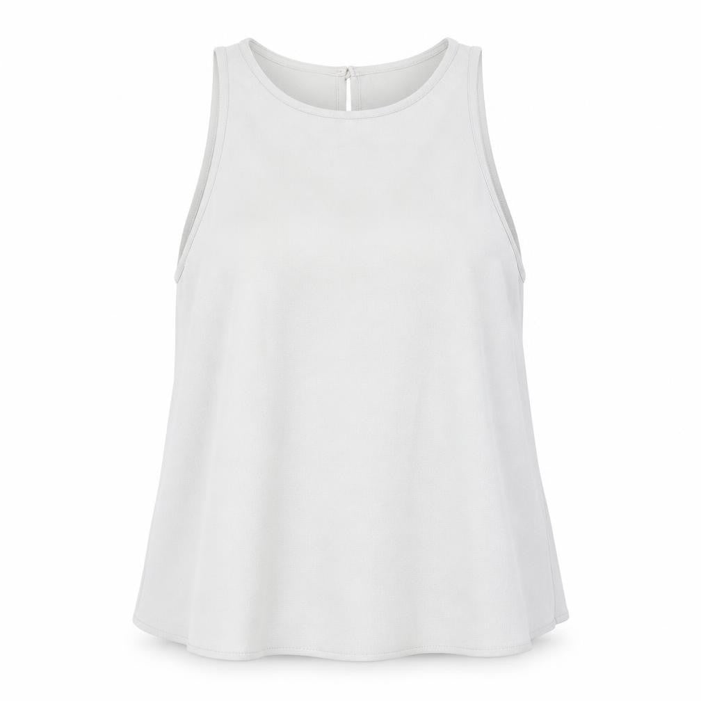 Front view of American Apparel women’s grey polyester basic tank, size XS, round neck - open back