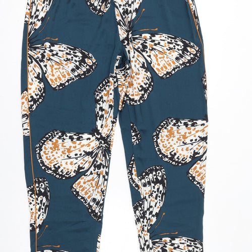Marks and Spencer Womens Blue Geometric Polyester Trousers Size 16 L30 in Regular - Butterflies