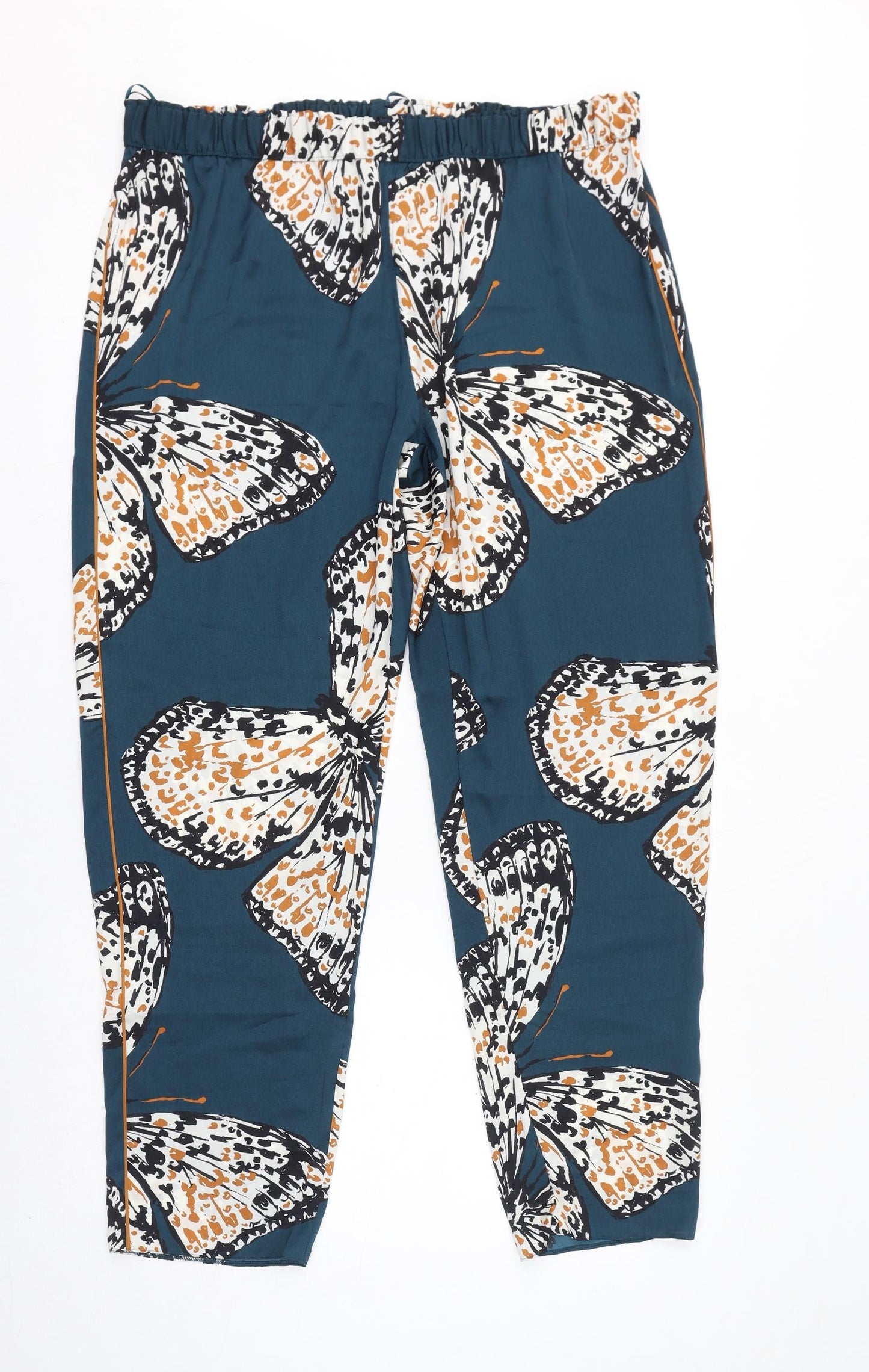 Marks and Spencer Womens Blue Geometric Polyester Trousers Size 16 L30 in Regular - Butterflies