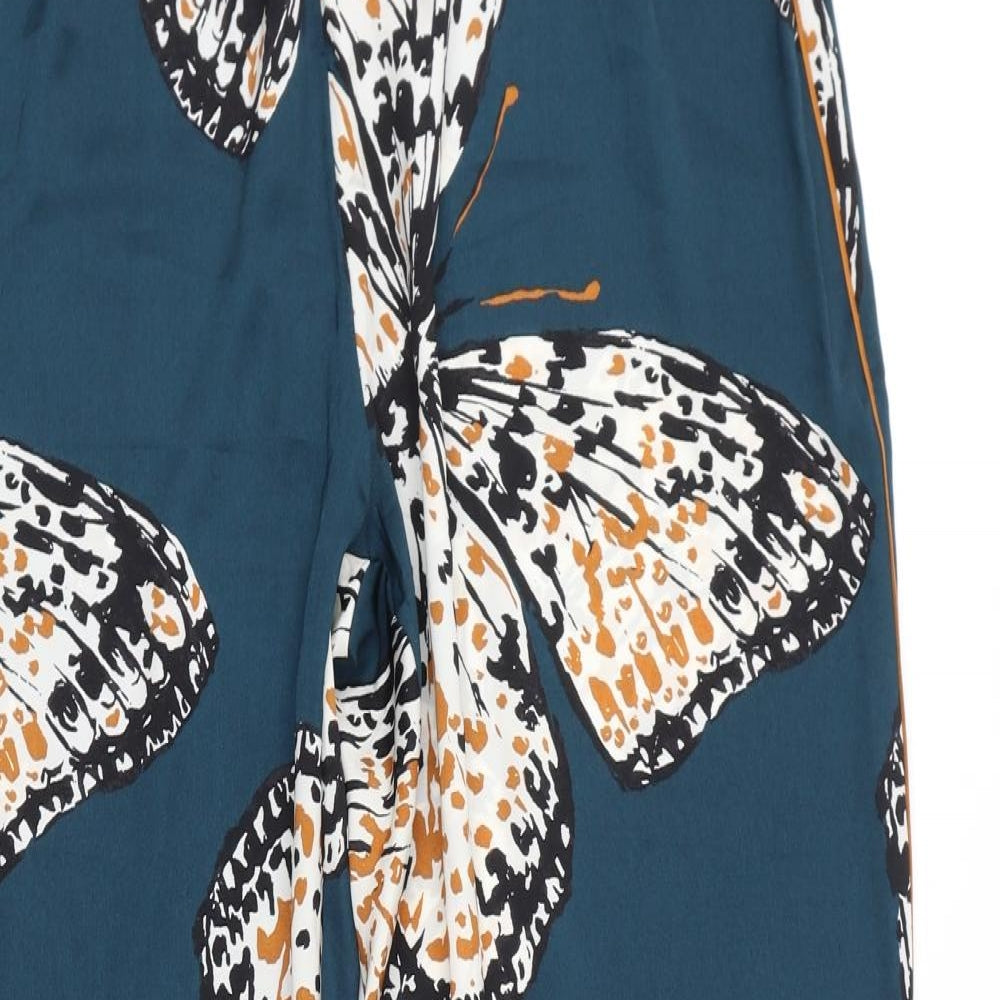 Marks and Spencer Womens Blue Geometric Polyester Trousers Size 16 L30 in Regular - Butterflies