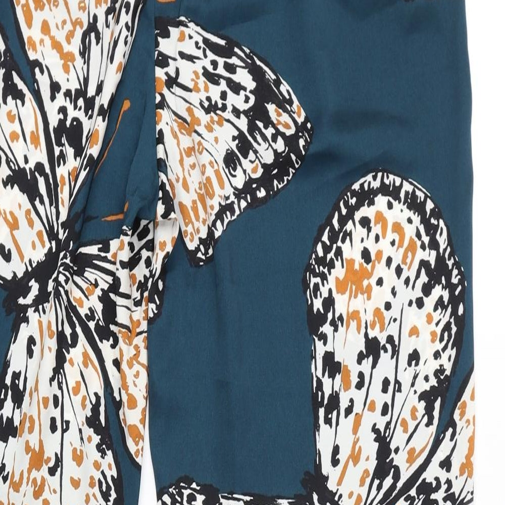 Marks and Spencer Womens Blue Geometric Polyester Trousers Size 16 L30 in Regular - Butterflies