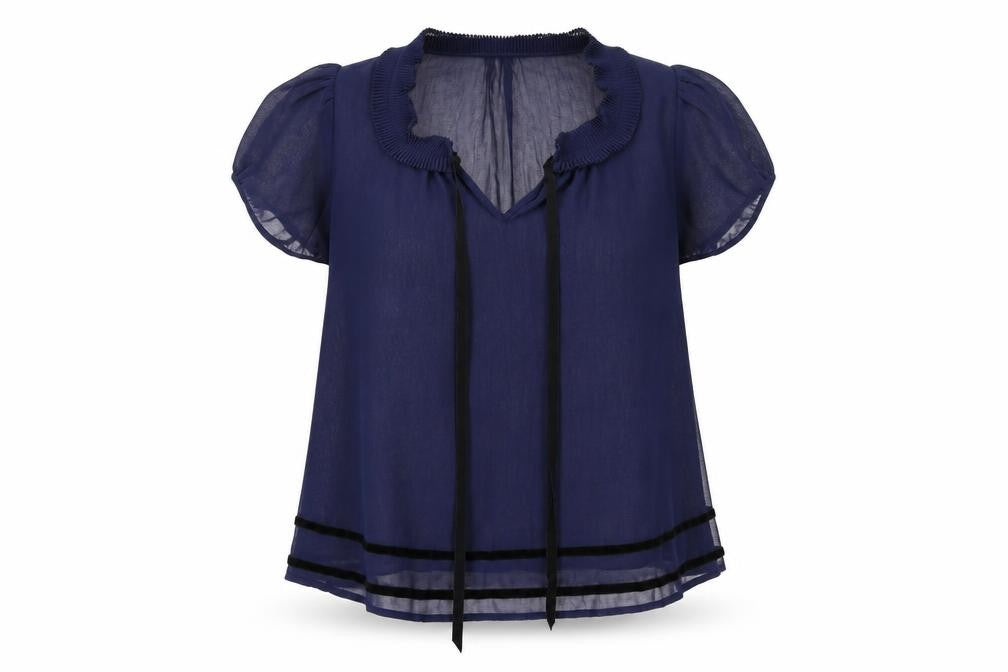 Front view of Pins & Needles women’s blue polyester basic blouse, size S, v-neck - sheer