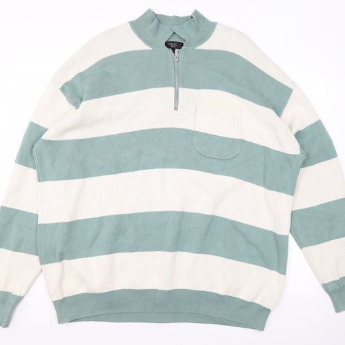 NEXT Mens Green Mock Neck Striped Cotton Pullover Jumper Size XL Long Sleeve