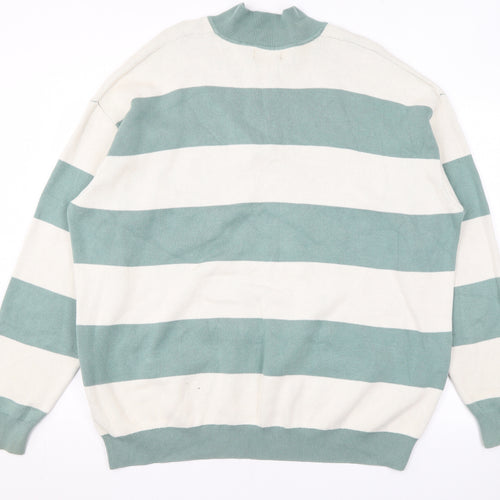 NEXT Mens Green Mock Neck Striped Cotton Pullover Jumper Size XL Long Sleeve
