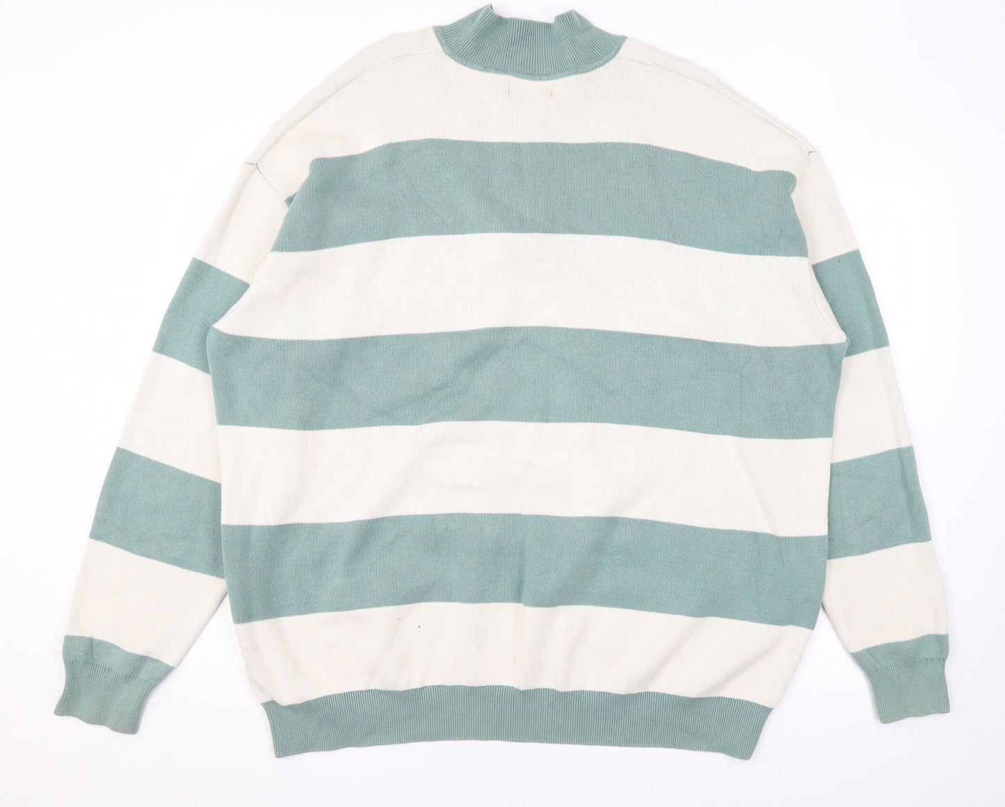 NEXT Mens Green Mock Neck Striped Cotton Pullover Jumper Size XL Long Sleeve