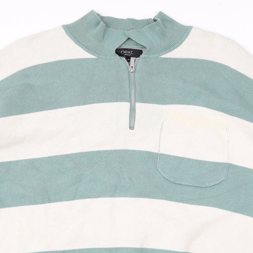NEXT Mens Green Mock Neck Striped Cotton Pullover Jumper Size XL Long Sleeve