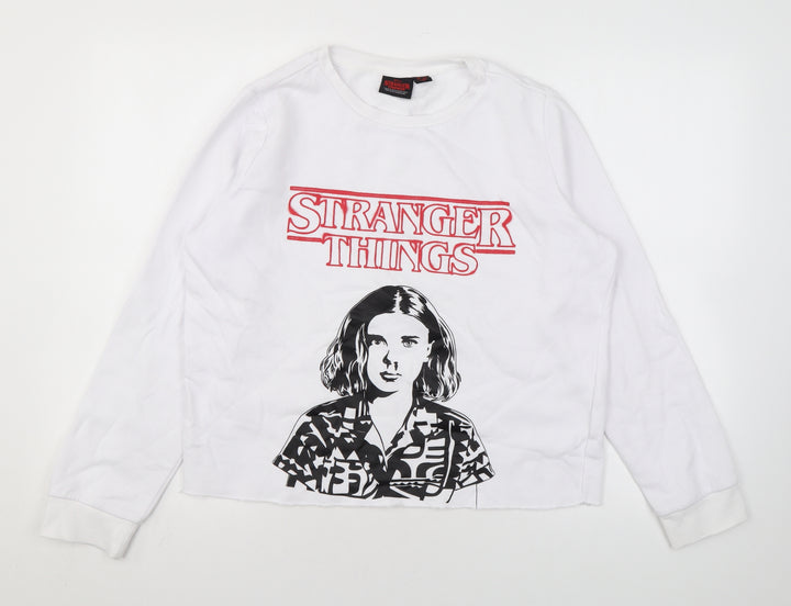 Stranger Things Womens White Cotton Pullover Sweatshirt Size M Pullover - Logo