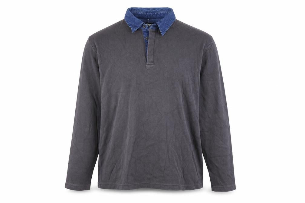 Front view of Vintage men’s grey cotton polo, size XL, collared button