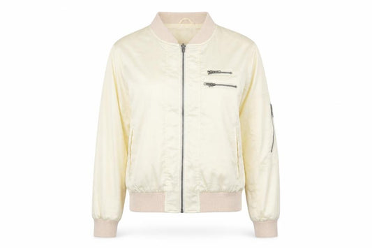 Front view of Drop Dead women’s beige bomber jacket jacket, size UK 8, zip