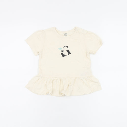 Marks and Spencer Girls Ivory Cotton Basic T-Shirt Size 12-18 Months Round Neck Snap - Panda Print