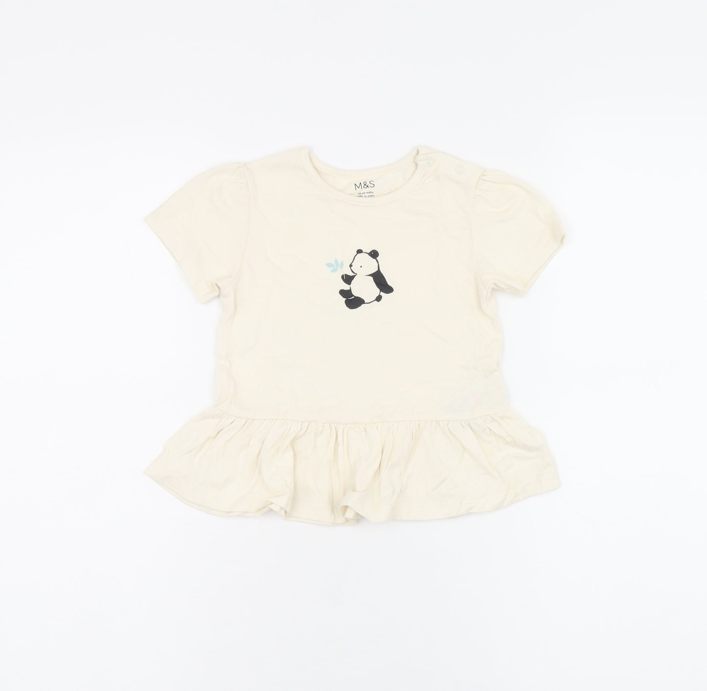 Marks and Spencer Girls Ivory Cotton Basic T-Shirt Size 12-18 Months Round Neck Snap - Panda Print