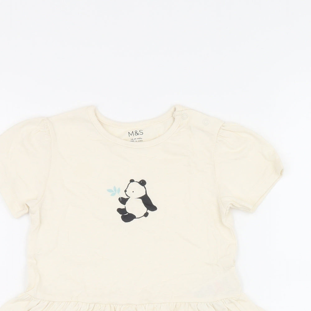 Marks and Spencer Girls Ivory Cotton Basic T-Shirt Size 12-18 Months Round Neck Snap - Panda Print