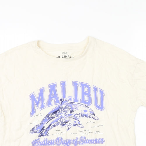 Marks and Spencer Girls Ivory Cotton Basic T-Shirt Size 13-14 Years Round Neck Pullover - Malibu. Dolphin Print