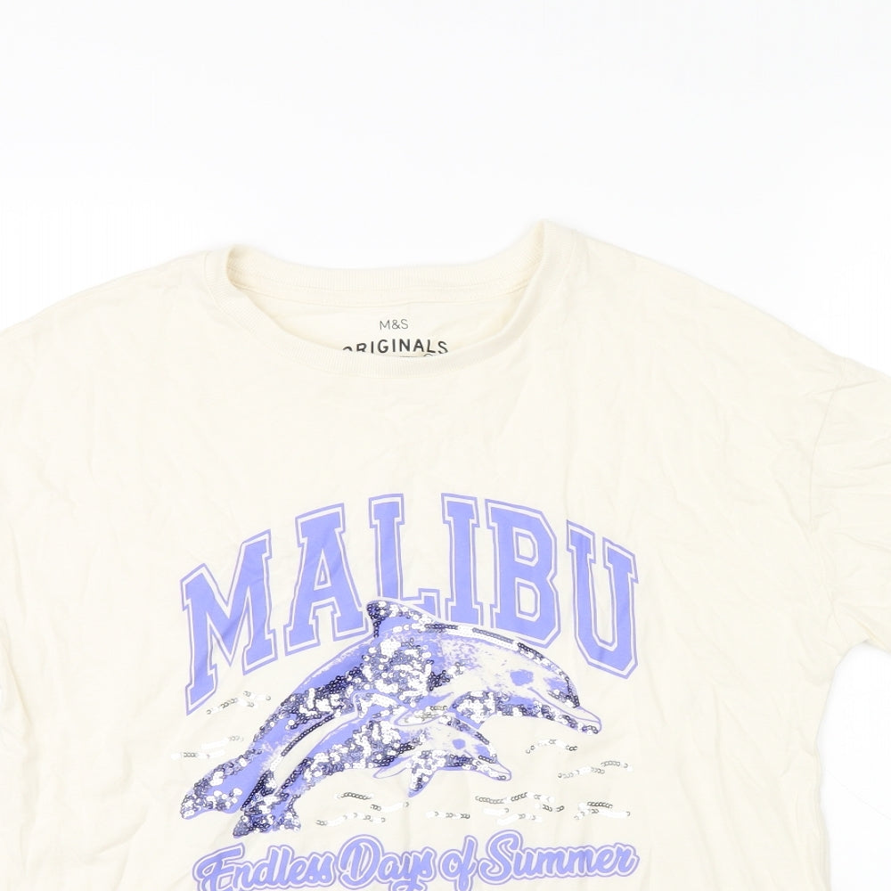 Marks and Spencer Girls Ivory Cotton Basic T-Shirt Size 13-14 Years Round Neck Pullover - Malibu. Dolphin Print