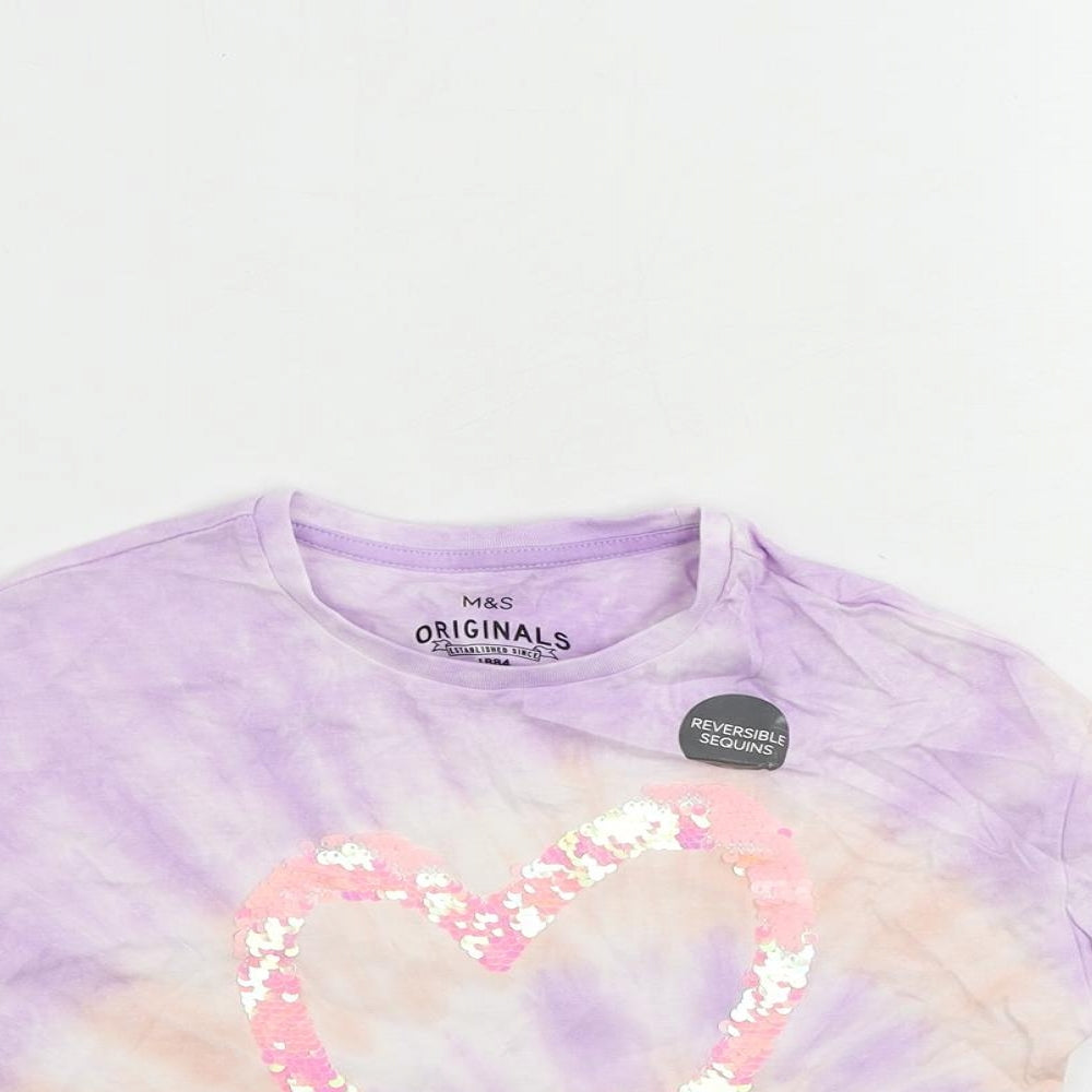 Marks and Spencer Girls Purple Cotton Pullover T-Shirt Size 4-5 Years Crew Neck Pullover - Tie Dye