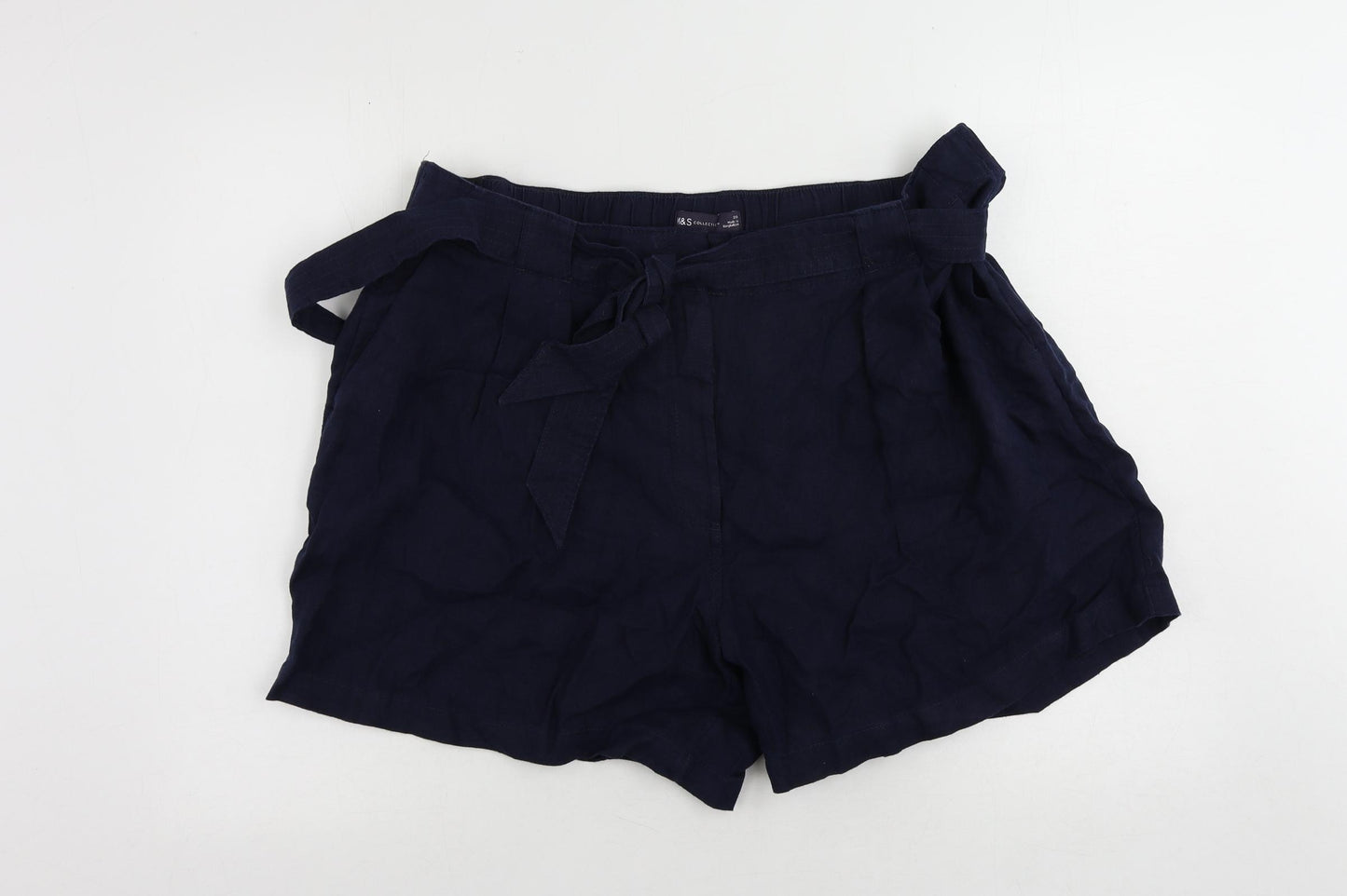 Marks and Spencer Womens Blue Linen Basic Shorts Size 20 L5 in Regular Zip - Belted