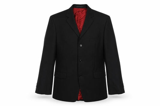 Front view of Lino Verra men’s black striped polyester jacket suit jacket, size 46, regular