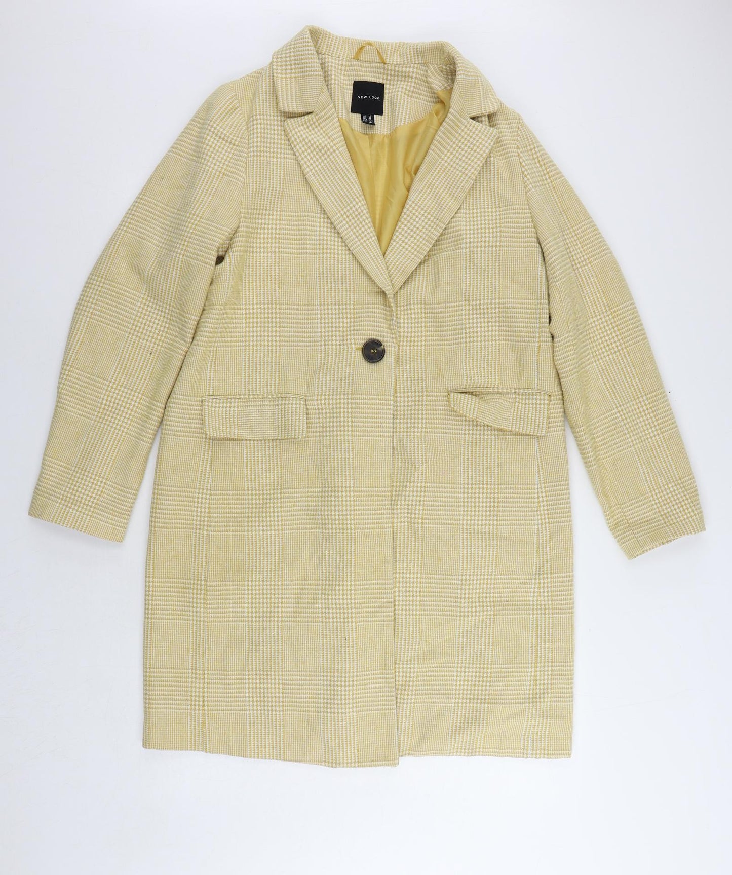 New Look Womens Yellow Plaid Overcoat Coat Size 14 Button