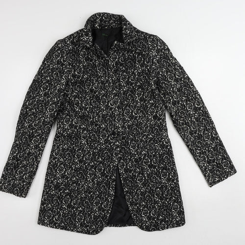 Stile Benetton Womens Black Paisley Overcoat Coat Size 10 Button