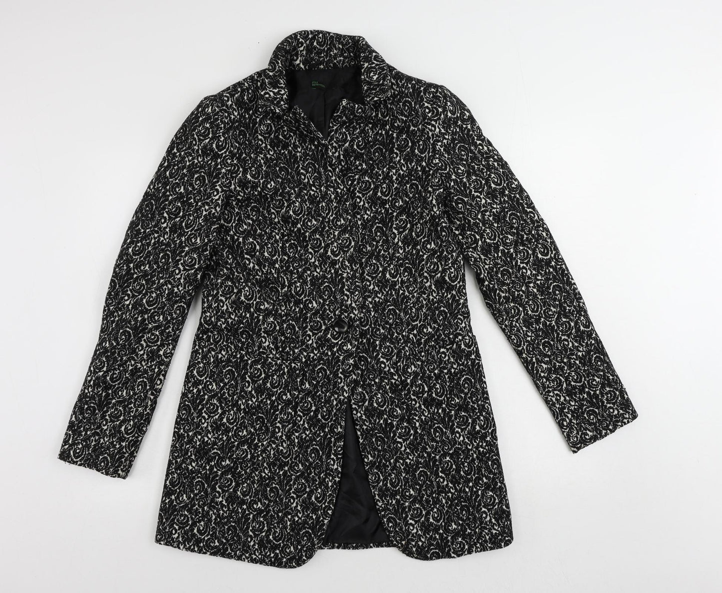 Stile Benetton Womens Black Paisley Overcoat Coat Size 10 Button