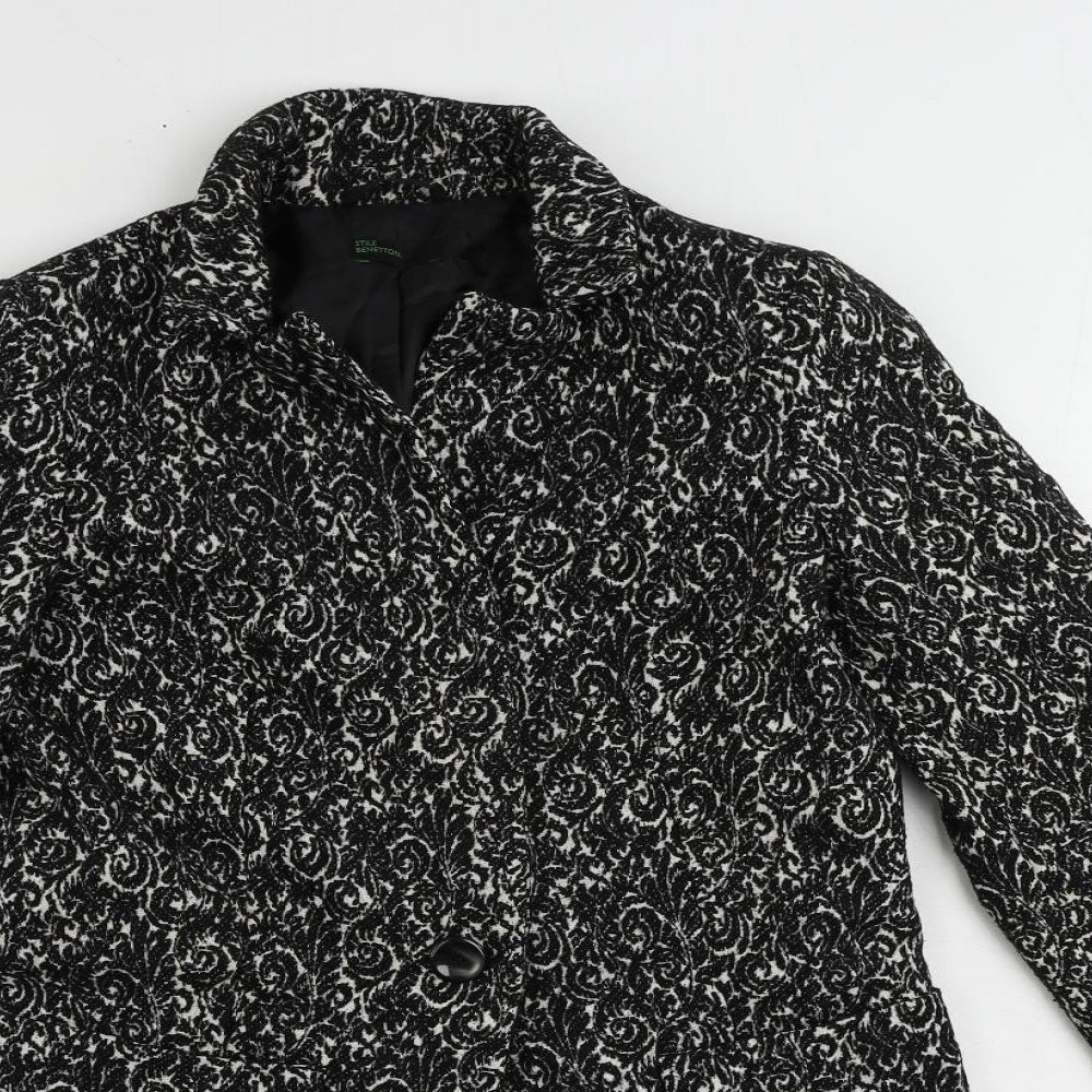 Stile Benetton Womens Black Paisley Overcoat Coat Size 10 Button