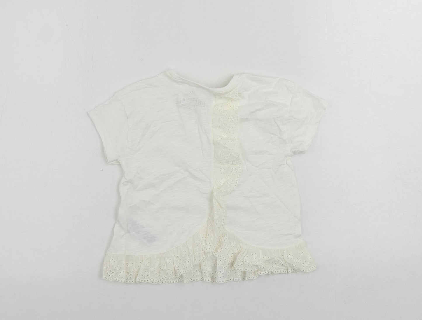 Marks and Spencer Girls White Cotton Basic T-Shirt Size 3-4 Years Crew Neck Pullover - Ruffle