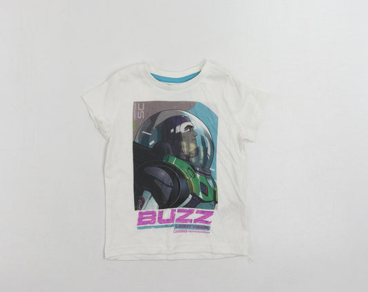 Front view of Marks & Spencer Baby White Cotton Pullover T-Shirt, size 18-24, Months Crew Neck Pullover - Disney Lightyear