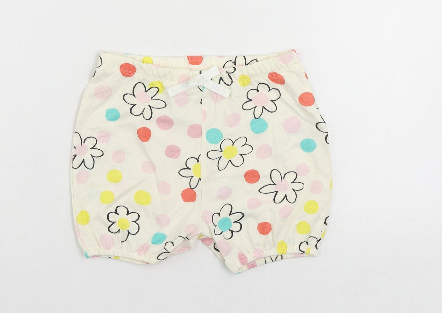 Marks and Spencer Girls Ivory Floral Cotton Sweat Shorts Size 2-3 Years Regular Drawstring