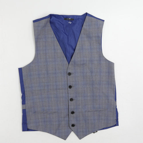 Marks and Spencer Mens Blue Plaid Polyester Jacket Suit Waistcoat Size 38 Regular