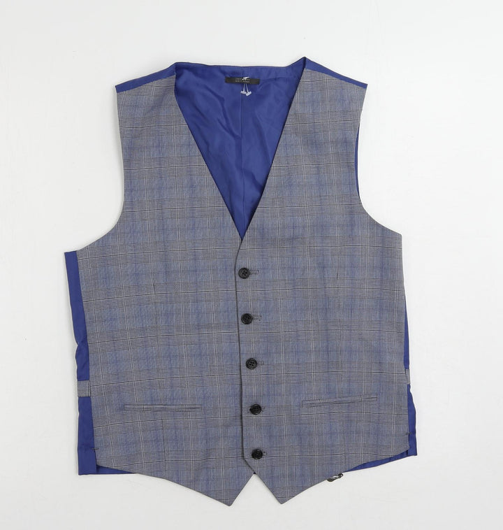 Marks and Spencer Mens Blue Plaid Polyester Jacket Suit Waistcoat Size 38 Regular