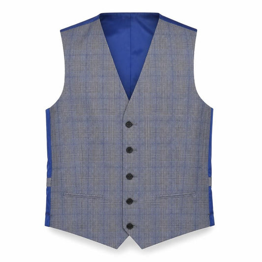 Front view of Marks & Spencer men’s blue plaid polyester jacket suit waistcoat, size 38, regular