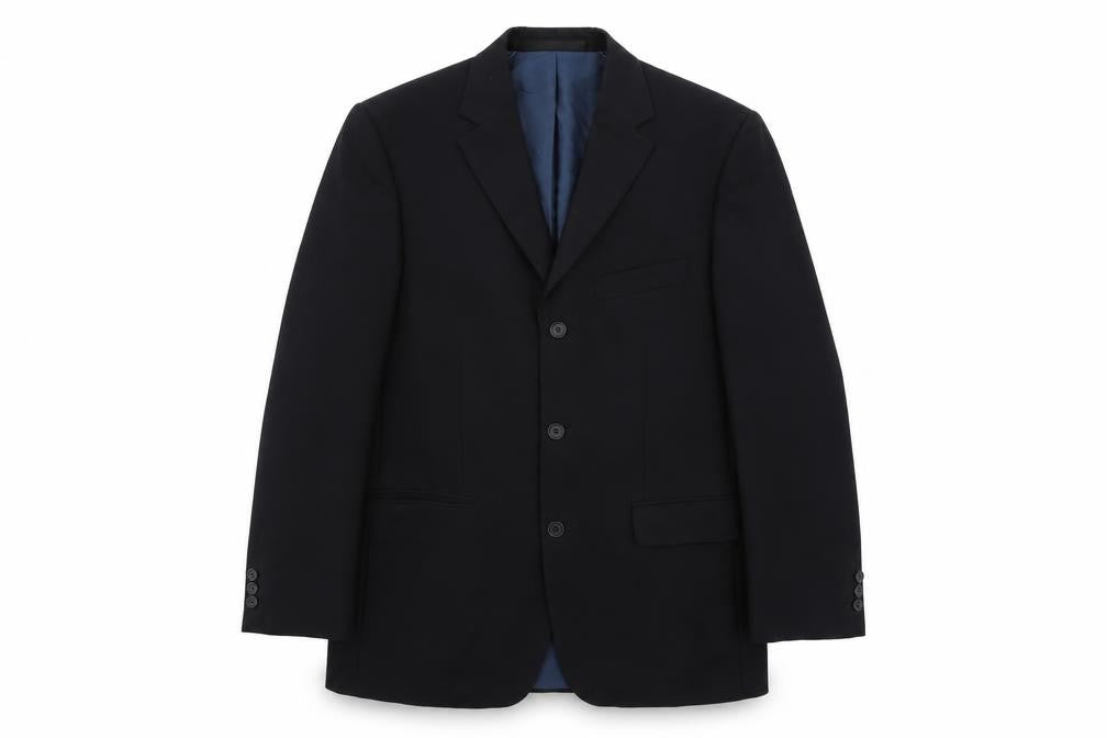 Front view of Marks & Spencer men’s blue polyester jacket suit jacket, size 38, regular