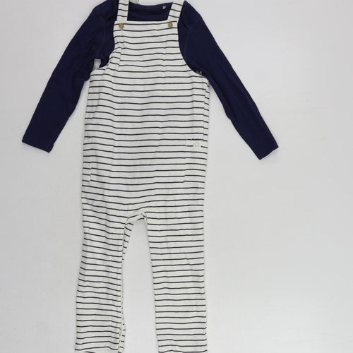 Marks and Spencer Girls Blue Striped Cotton Dungarees Trousers Size 2-3 Years Regular Snap - Set