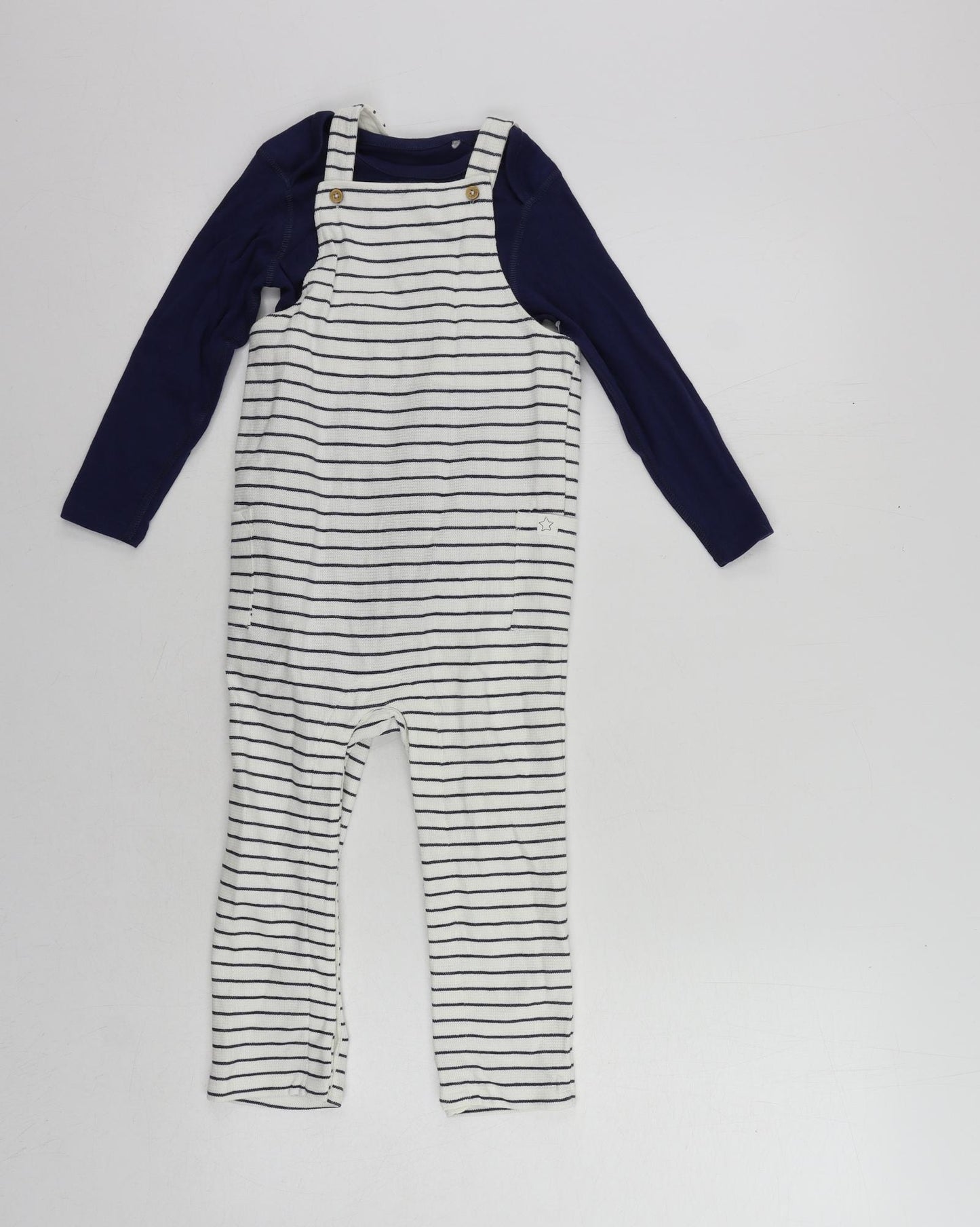 Marks and Spencer Girls Blue Striped Cotton Dungarees Trousers Size 2-3 Years Regular Snap - Set