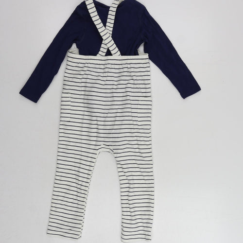 Marks and Spencer Girls Blue Striped Cotton Dungarees Trousers Size 2-3 Years Regular Snap - Set