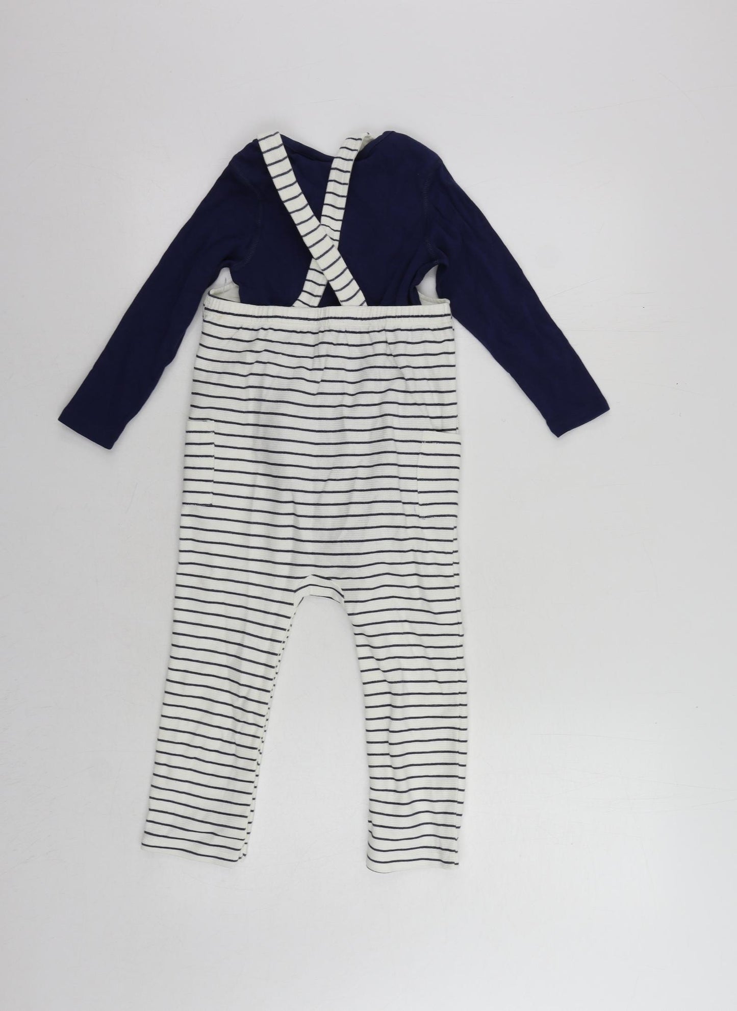 Marks and Spencer Girls Blue Striped Cotton Dungarees Trousers Size 2-3 Years Regular Snap - Set