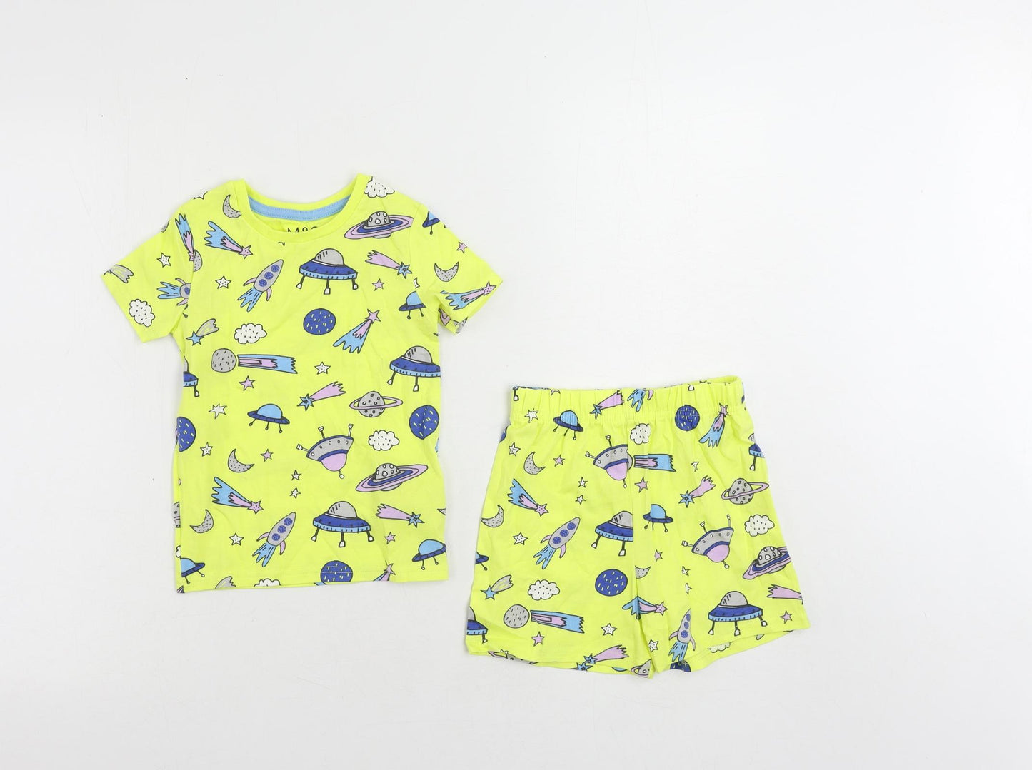 Marks and Spencer Girls Yellow Geometric Cotton Top Pyjama Set Size 2-3 Years Pullover - Space Print