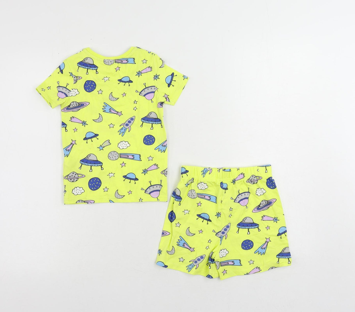 Marks and Spencer Girls Yellow Geometric Cotton Top Pyjama Set Size 2-3 Years Pullover - Space Print