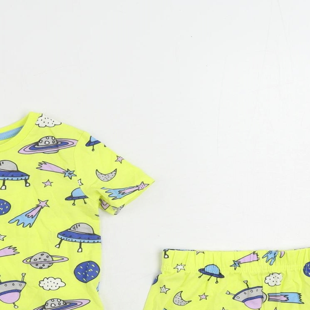 Marks and Spencer Girls Yellow Geometric Cotton Top Pyjama Set Size 2-3 Years Pullover - Space Print