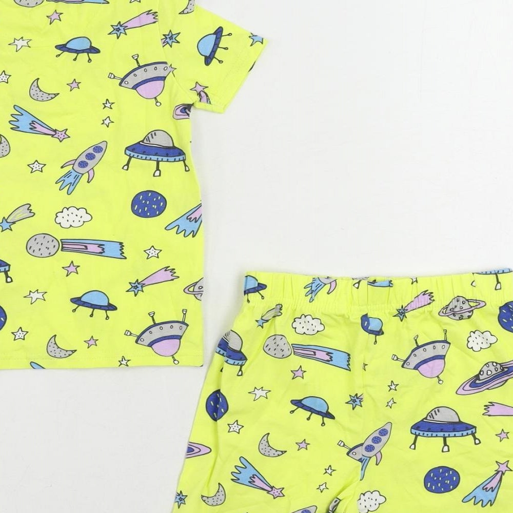 Marks and Spencer Girls Yellow Geometric Cotton Top Pyjama Set Size 2-3 Years Pullover - Space Print