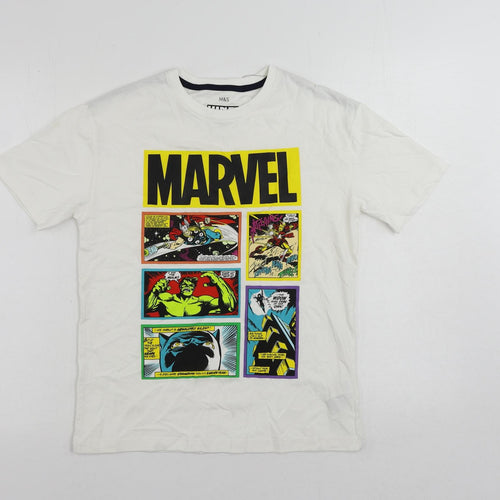 Marks and Spencer Boys White Cotton Pullover T-Shirt Size 11-12 Years Crew Neck Pullover - Marvel