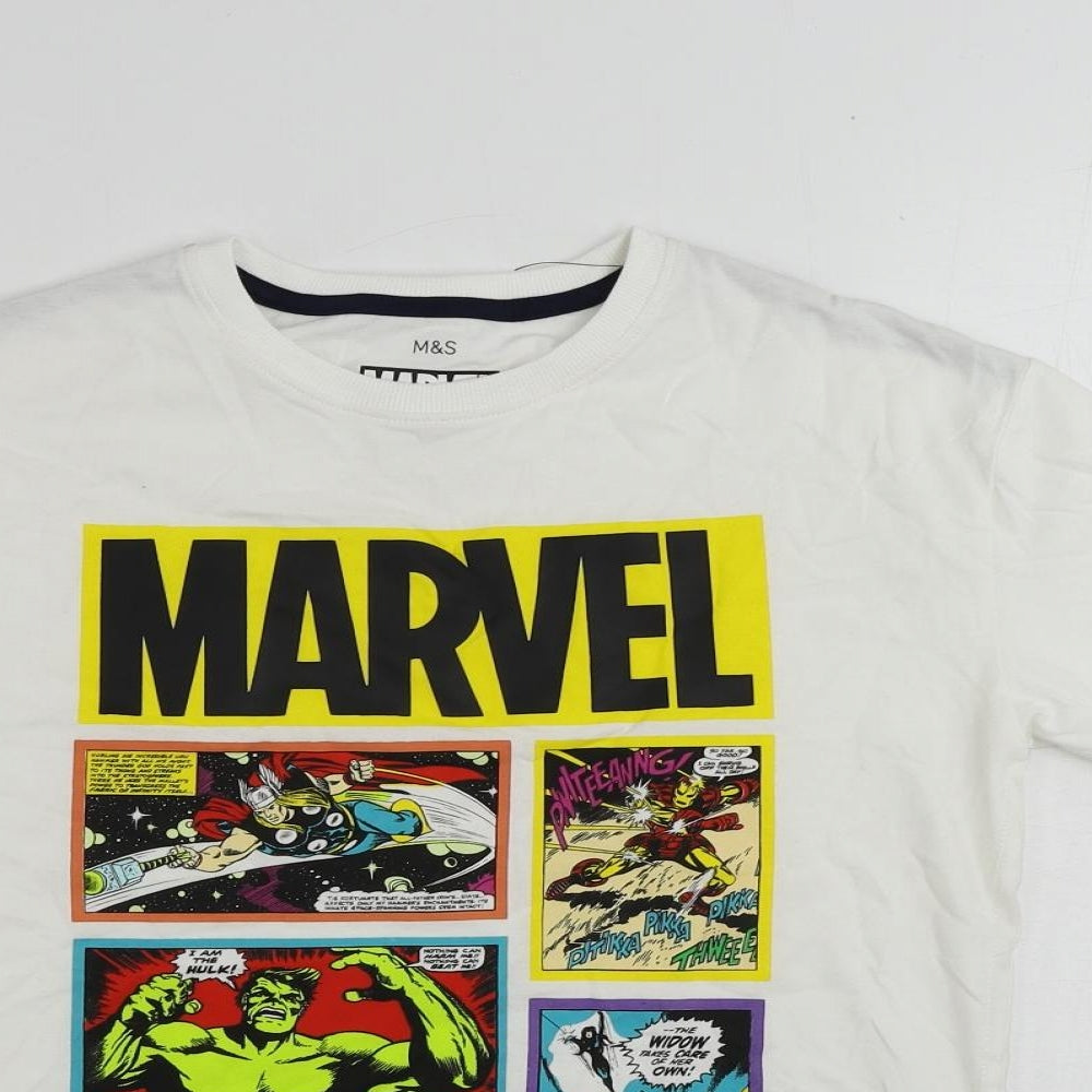 Marks and Spencer Boys White Cotton Pullover T-Shirt Size 11-12 Years Crew Neck Pullover - Marvel