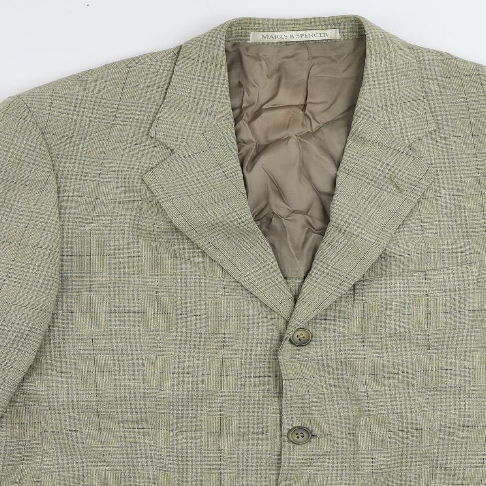 Marks and Spencer Mens Green Plaid Wool Jacket Blazer Size 40 Regular
