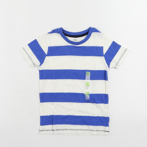 Marks and Spencer Boys Blue Striped Cotton Pullover T-Shirt Size 3-4 Years Crew Neck Pullover