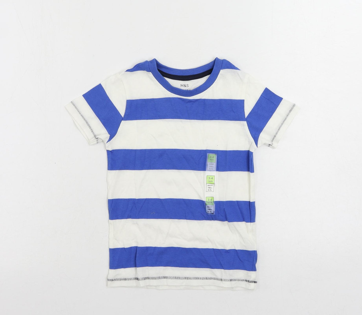 Marks and Spencer Boys Blue Striped Cotton Pullover T-Shirt Size 3-4 Years Crew Neck Pullover