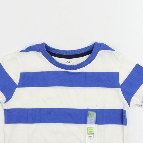 Marks and Spencer Boys Blue Striped Cotton Pullover T-Shirt Size 3-4 Years Crew Neck Pullover