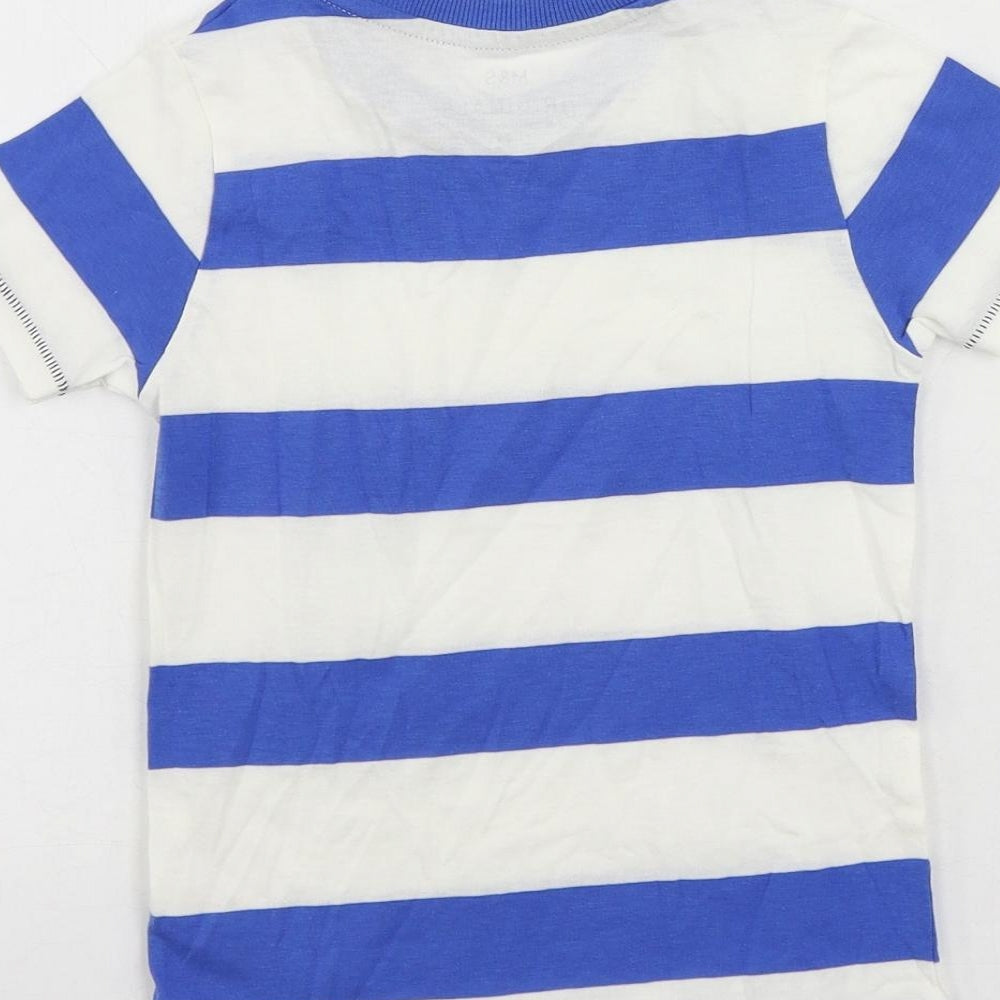 Marks and Spencer Boys Blue Striped Cotton Pullover T-Shirt Size 3-4 Years Crew Neck Pullover