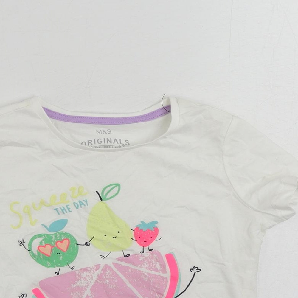 Marks and Spencer Girls White Cotton Pullover T-Shirt Size 5-6 Years Crew Neck Pullover - Fruits