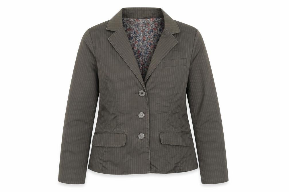 Front view of Dickins & Jones women’s grey striped jacket blazer, size UK 12, button