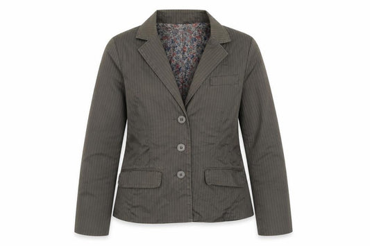 Front view of Dickins & Jones women’s grey striped jacket blazer, size UK 12, button